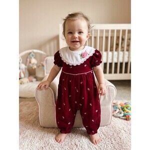 VTG Baby Togs Red Velvet Baby Romper Size 12 Months With Collar -embroidered